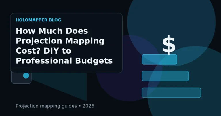 Projection mapping budget graphic with projector, computer, software and content blocks