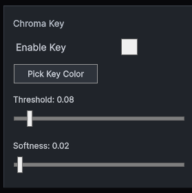 HoloMapper chroma key controls showing key color selection, threshold, and softness settings