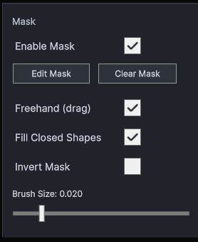 HoloMapper mask editing controls showing freehand mask, line mask, fill closed shapes, invert mask, and clear mask options