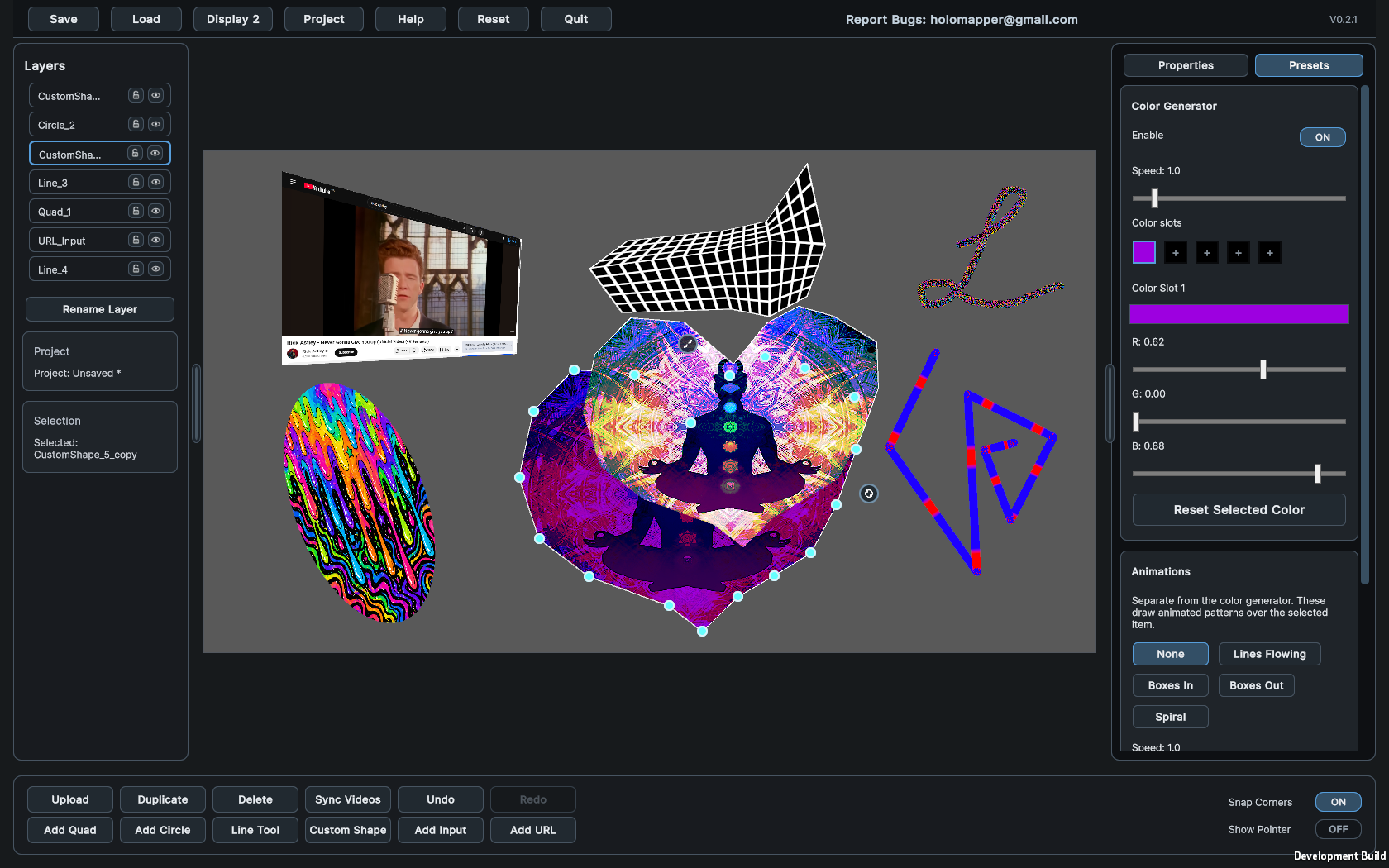 Full HoloMapper projection mapping software interface showing editor, surfaces, layers, and controls
