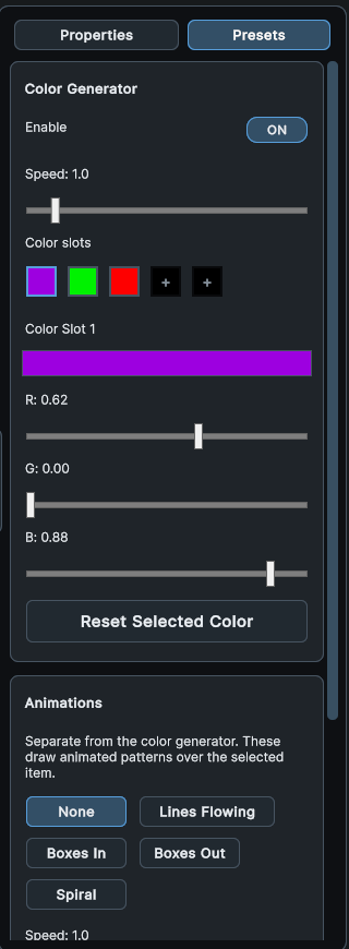 HoloMapper presets panel with generated visual effect controls