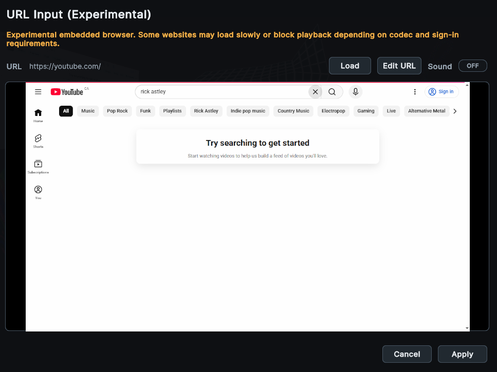 HoloMapper URL input panel for adding a live web page as a projection surface